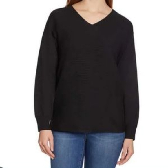 New! Elle Ribbed Knit Sweater Women's Size Medium Black V-neck Top - Picture 1 of 11